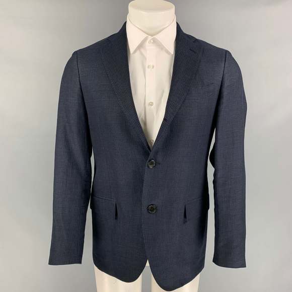 SALVATORE FERRAGAMO Other - SALVATORE FERRAGAMO Navy Plaid Linen Blend Notch Lapel Sport Coat